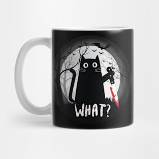 What? cat, Funny Murderous Black Cat With Knife, kawaii style, Season 2022 Mug